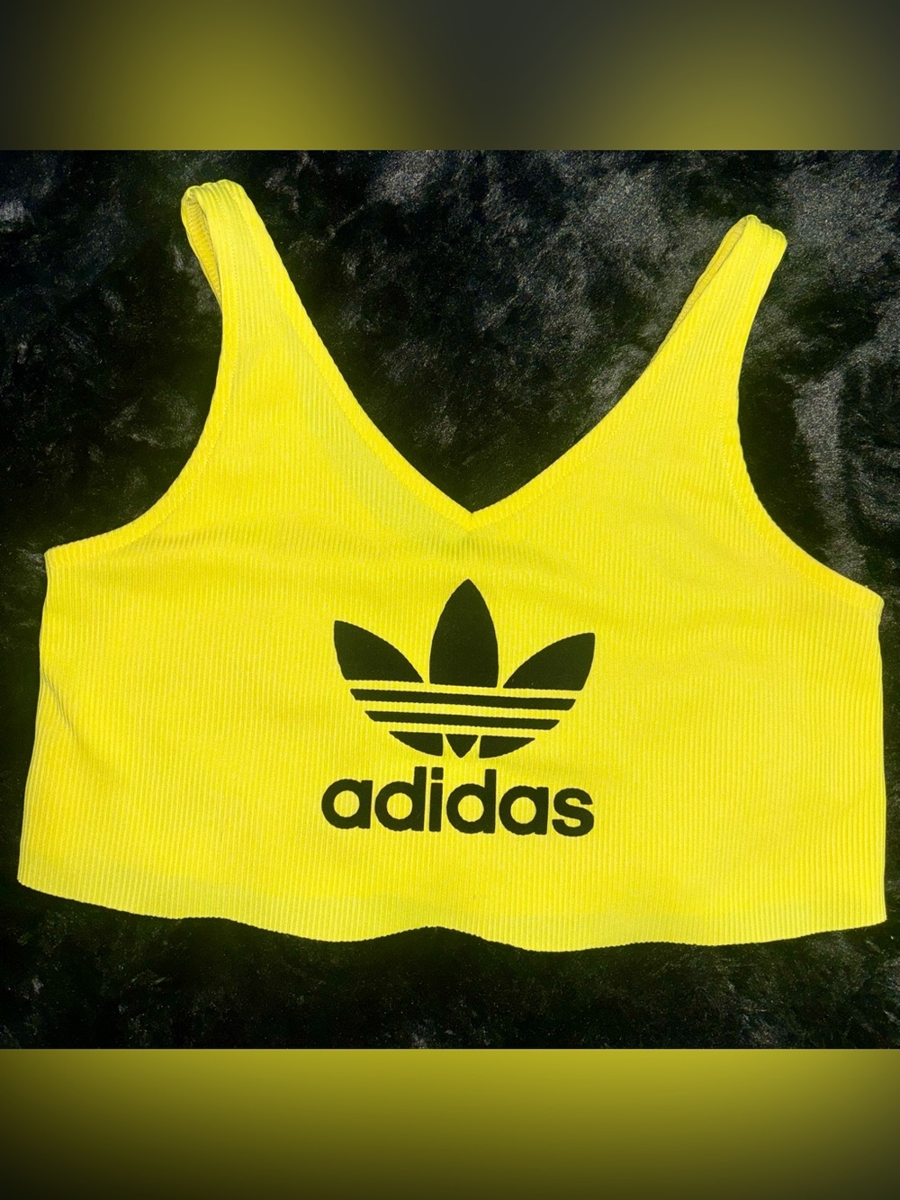 adidas Neon Yellow Ribbed Trefoil Crop Tank